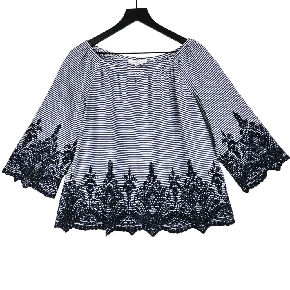 Fever Women's Navy Striped Blouse Large Embroidered Eyelets Boho Peasant Cottage